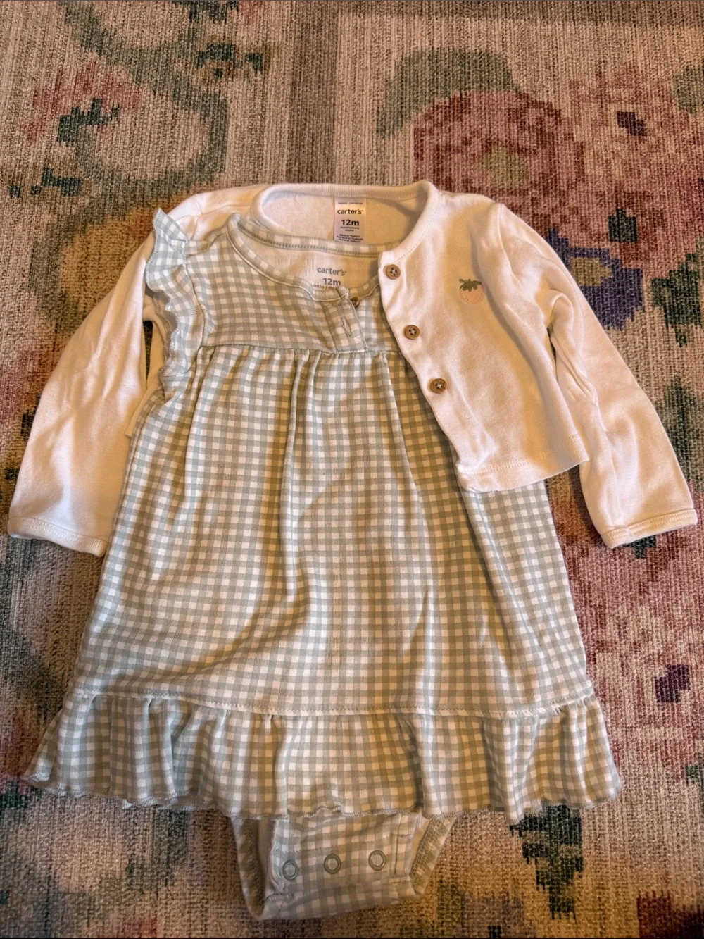 Carter's Light Blue Gingham Dress with White Cardigan